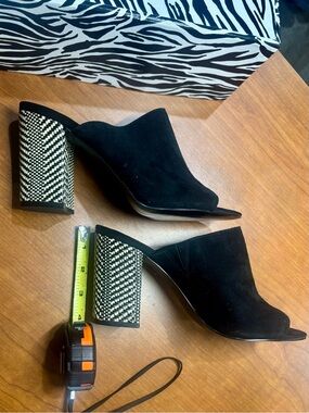 Nine West Black Suede Open-Toe Mules with Pattern Weaved Block Heels